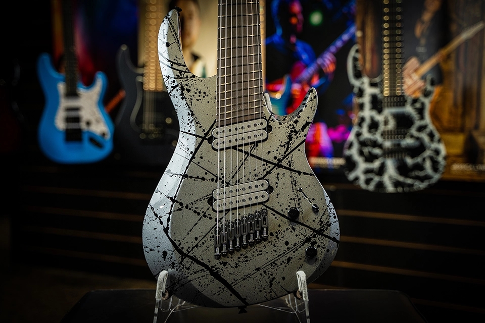 Kiesel Guitars Aries 2 A2 8 string multiscale with gunmetal metallic finish, jet black splatter, gunmetal pickups, black hardware, ebony fingerboard