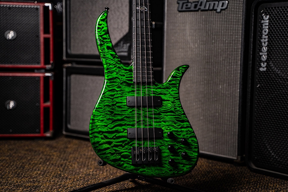 Kiesel Guitars Brian Bromberg Signature 4 String with quilted maple top, translucent emerald green finish, ebony (less color variation) fingerboard, kiesel radium radiused single coils, black hardware