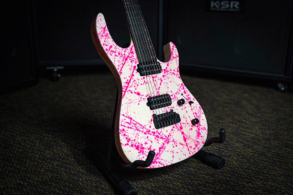 Kiesel Guitars DC700X tremolo with white/white finish and pink splatter, black hardware, pink acrylic staggered offset dot inlays, ebony fingerboard