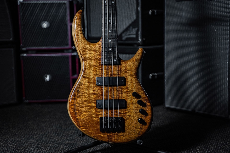 /Kiesel Guitars Icon 4 String with master grade koa top, swamp ash body, ebony (less color variation) fingerboard, mother of pearl dot inlays, kiesel radius pickups, black hardware