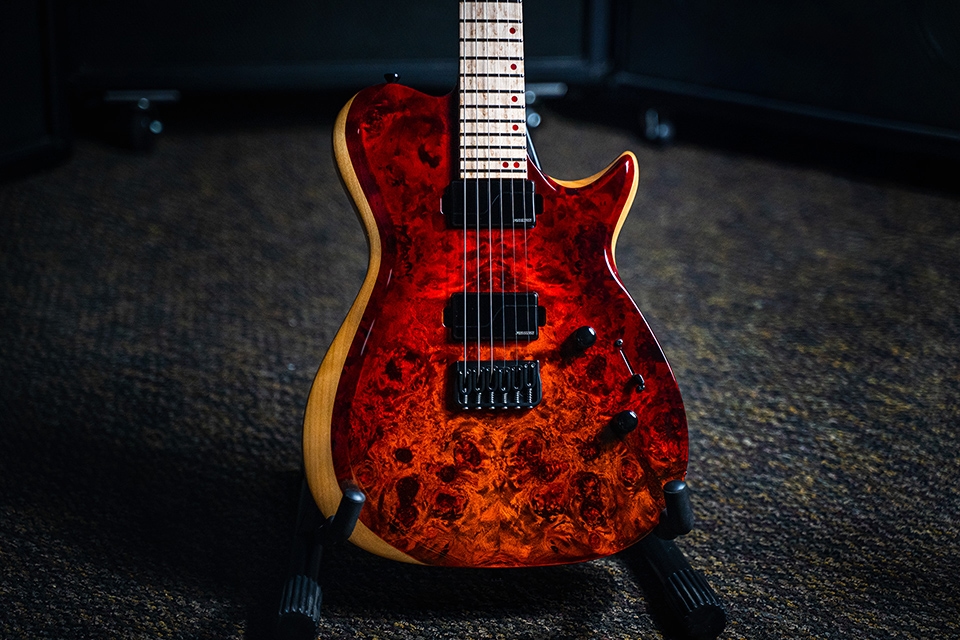 Kiesel Guitars SCB SCB6H with custom fire burst finish, buckeye burl top, black hardware, Fishman Fluence pickups, red acrylic staggered offset dot inlays, birdseye maple fingerboard, alder body, rear natural clear RNC