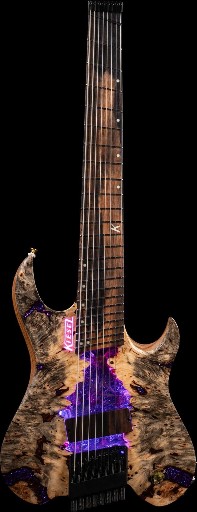 The Dope Guitar — full body shot showing the poplar burl metal flake infused top with RGB glow