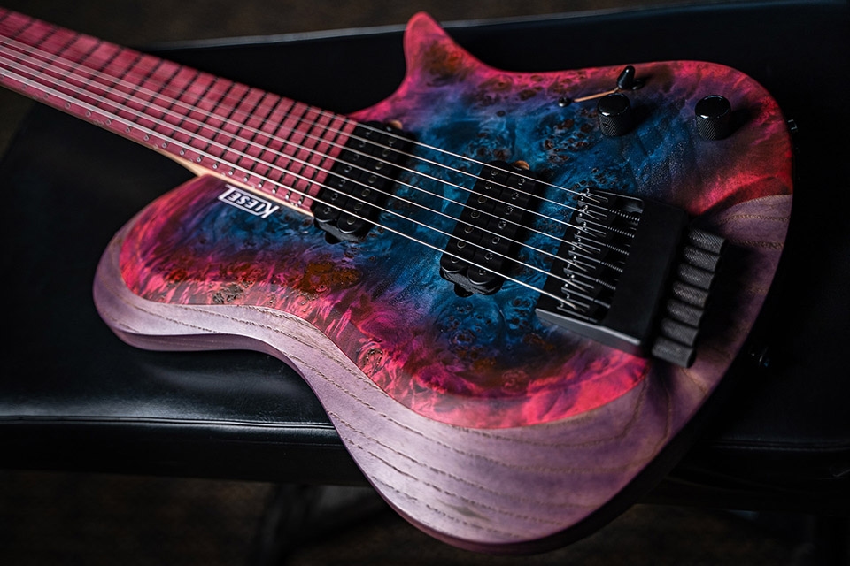 Kiesel Guitars Zeus 7 string multiscale ZM7 with custom cotton candy finish, kiesel treated fingerboard pink, black hardware, black pickup poles, white logo, no top inlays NIN, poplar top, swamp ash body