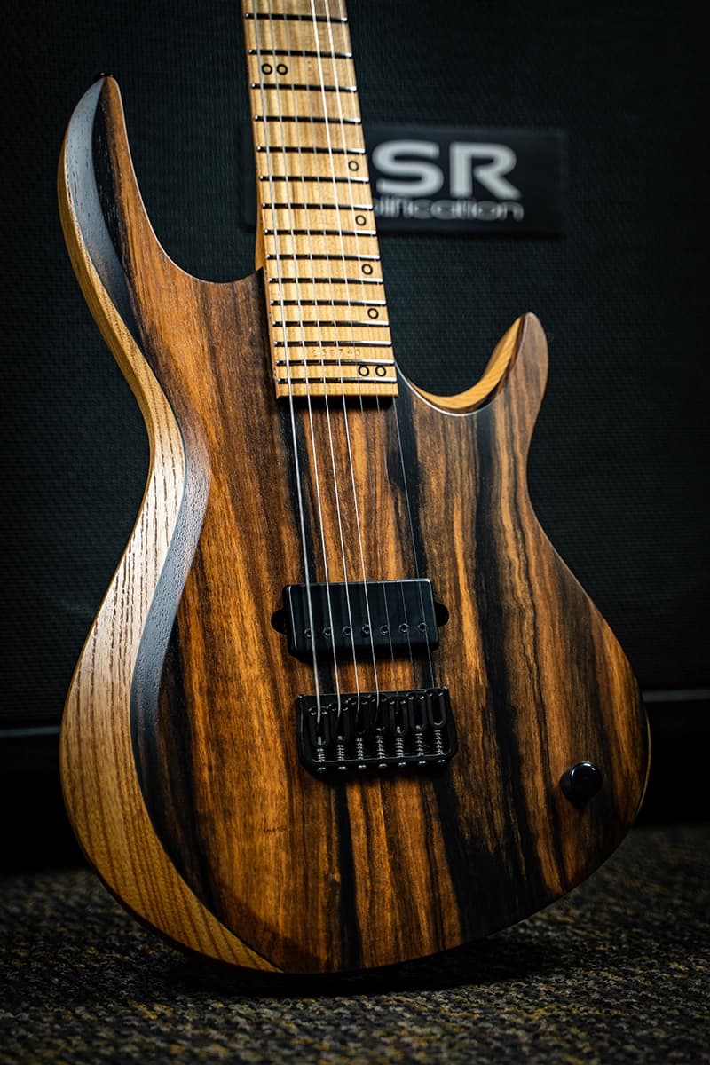 Kiesel Guitars Aries 2 A2 with royal ebony top, black acrylic ring inlays, maple fingerboard, neck pickup delete NPD, black pickup cover, black hardware, black limba body