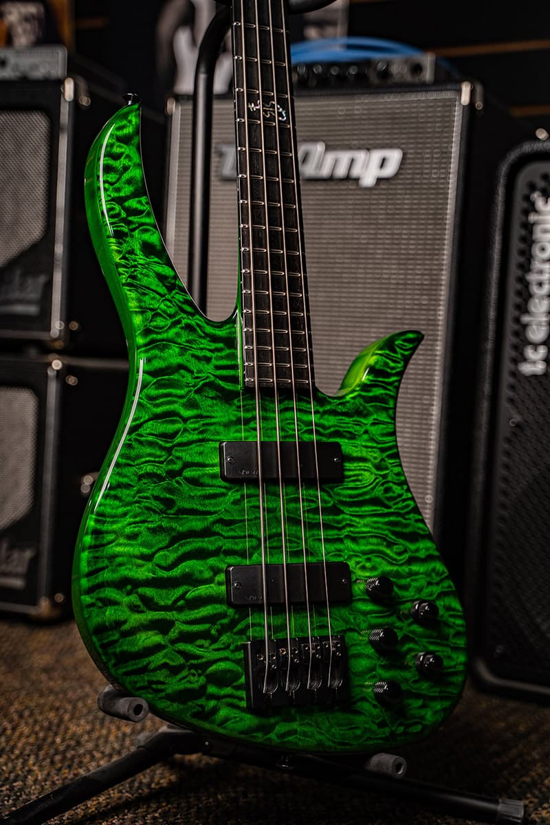 Kiesel Guitars Brian Bromberg Signature 4 String With quilted maple top, translucent emerald green finish, ebony (less color variation) fingerboard, kiesel radium radiused single coils, black hardware