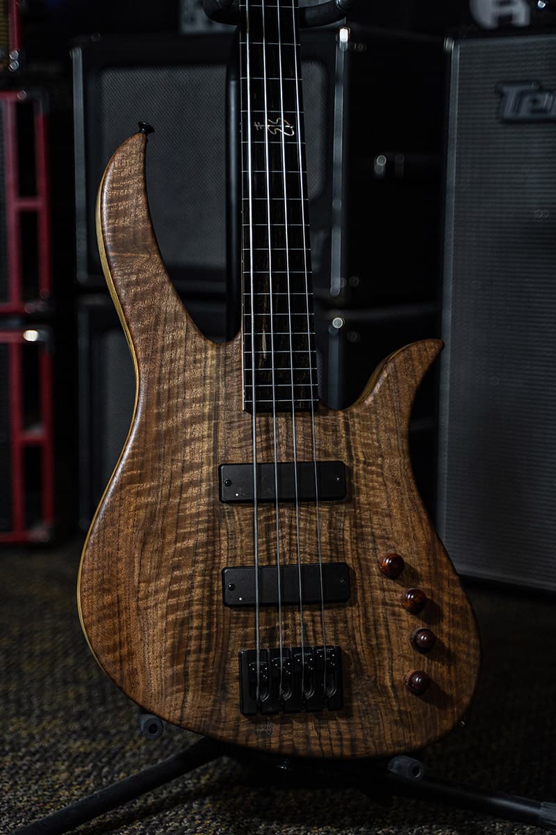 Kiesel Guitars Brian Bromberg Signature 4 String with master grade walnut top, ebony (less color variation) fingerboard, radium radiused single coils, black limba body, wood knobs, black hardware