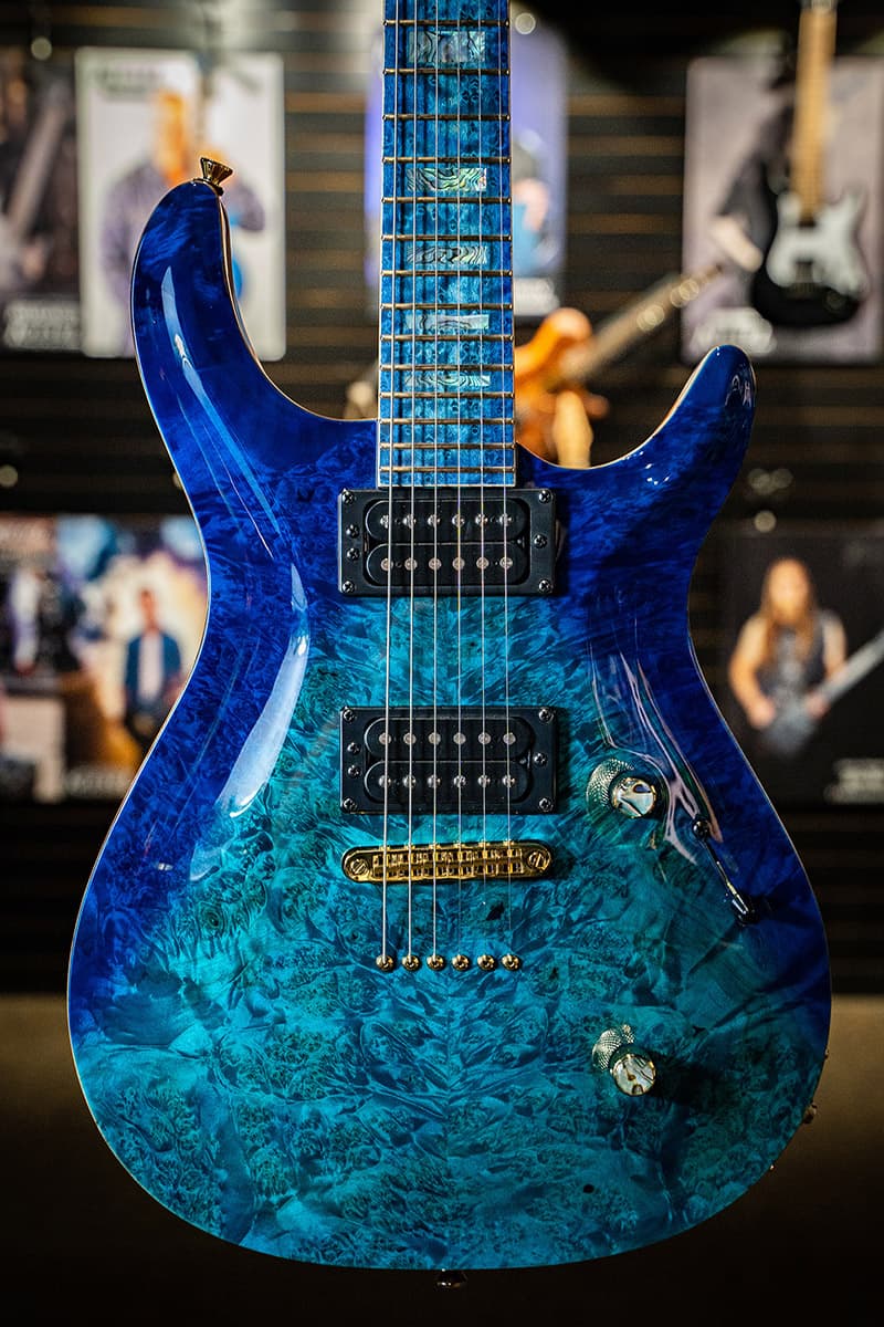 Kiesel Guitars CT6 CT6S with abalone inlay chrome knobs, custom aqua v pattern burst finish, blue kiesel treated fingerboard, abalone block inlays, birdseye maple fingerboard, bold hardware