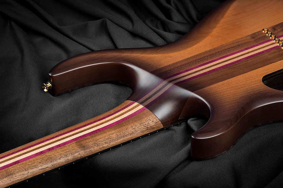 Kiesel Guitars DC DC800 Neck Heel, 7 piece walnut neck w/ purple heart, maple, walnut stripes, walnut body, gold hardware