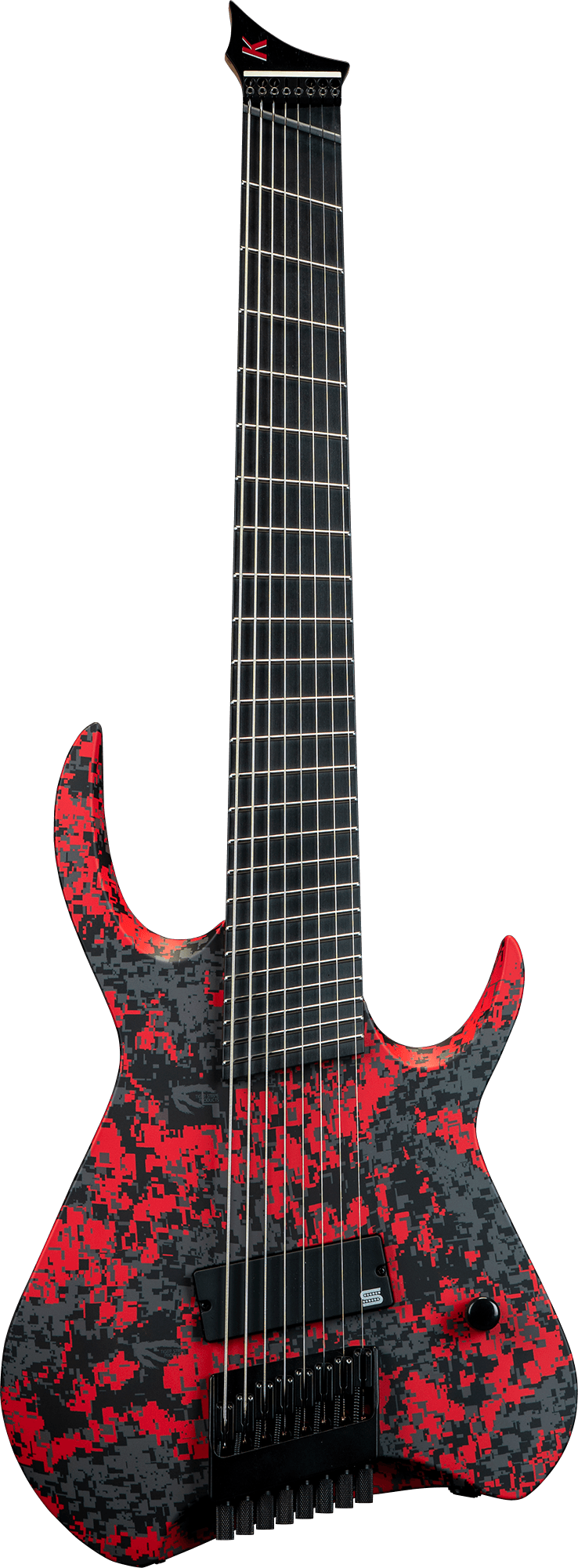 Kiesel DINO 7-string headless guitar in Digital Camo red and black finish