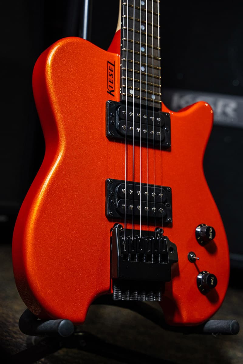 Kiesel Guitars Allan Holdsworth Signature HH2X with tremolo, lambo orange metallic finish, black hardware, ebony (less color variation) fingerboard, mother of pearl dot inlays, black logo, black plastic knobs