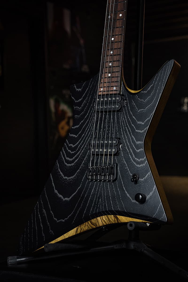 Kiesel Guitars Hyperdrive H6H with jet black finish, raw tone top coat, swamp ash top, black limba body, rear natural clear RNC, white acrylic dot inlays, black hardware, ebony fingerboard