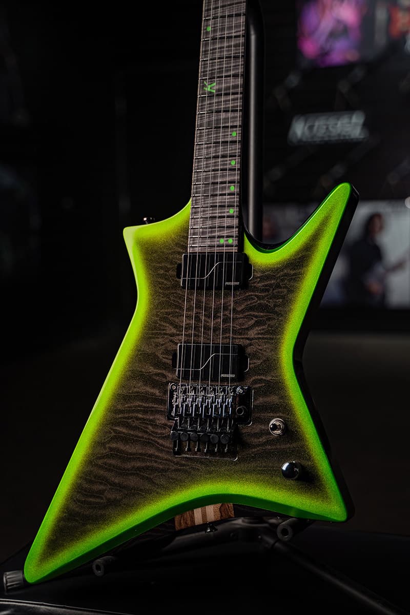 Kiesel Guitars Hyperdrive H6C with quilted maple top, translucent black finish, kiesel racing green burst edges, black kiesel treated fingerboard, green acrylic 12th fret logo inlays IKSD, Fishman Fluence pickups, floyd rose tremolo