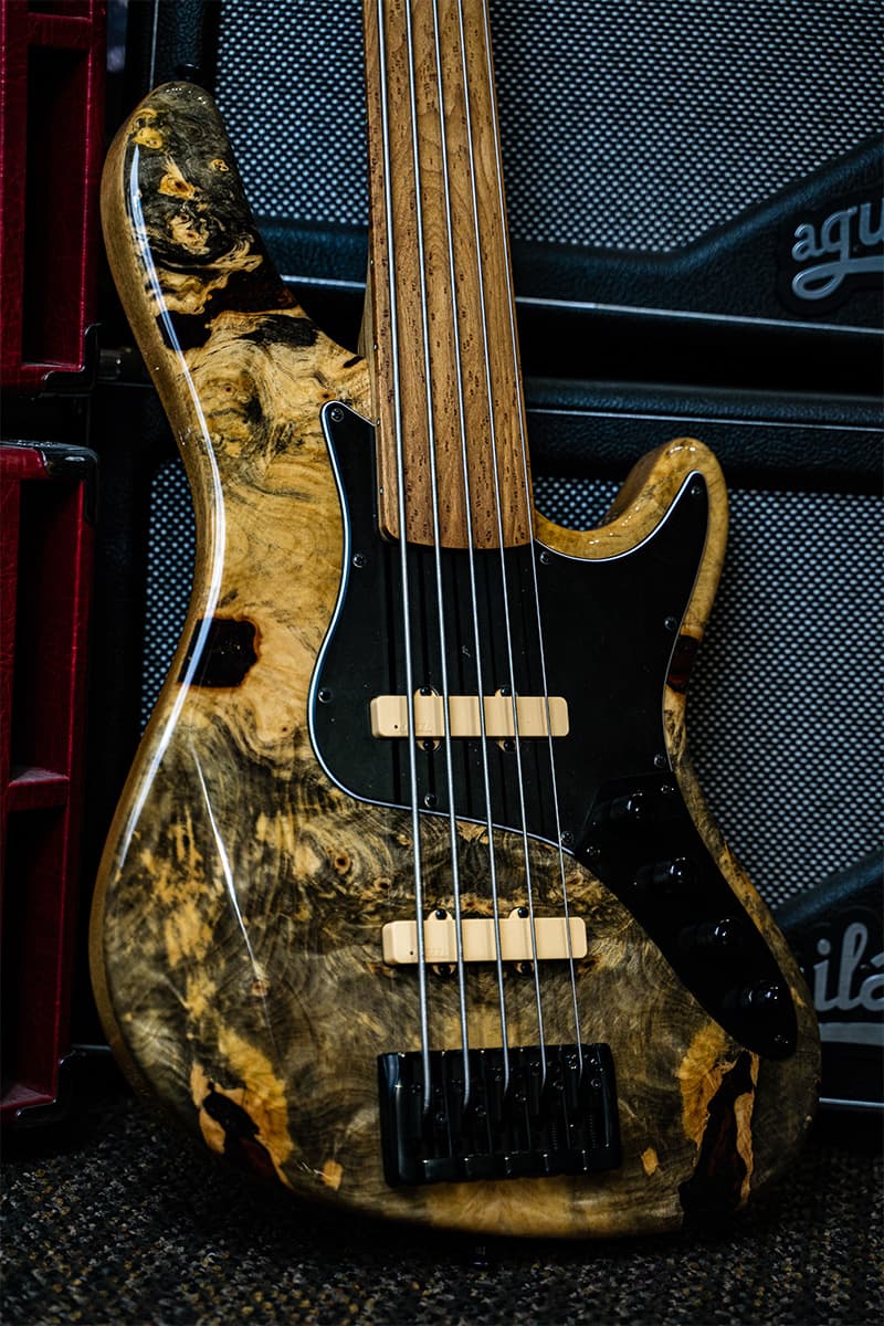 /Kiesel Guitars J-Bass 5 String Bass With buckeye top, fretless, no top inlays NIN, cream JVA pickups, black pickguard, roasted birdseye maple fingerboard, black hardware, black limba body