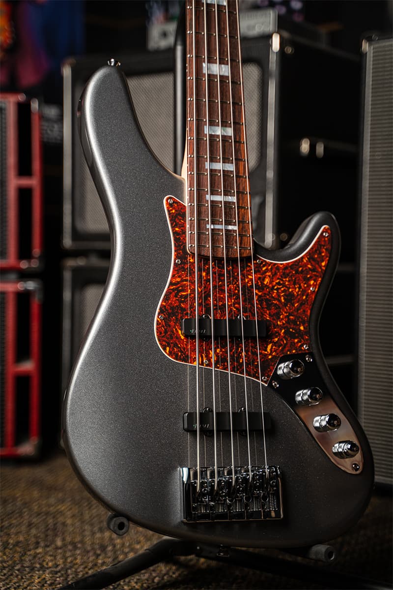 /Kiesel Guitars J-Bass 5 String Bass With gunmetal gray metallic finish, red tortoise shell pickguard, chrome hardware, bloodwood fingerboard, mother of pearl block inlays, JVA pickups