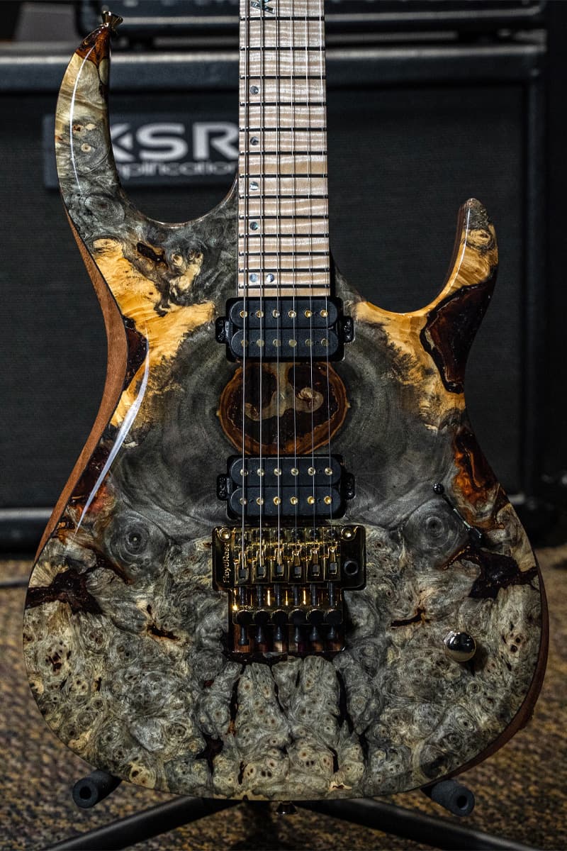 Kiesel Guitars K-Series K6C floyd rose tremolo with master grade buckeye top, flamed maple fingerboard, 12th fret K logo offset dot inlays, walnut body, gold hardware, gold pole pieces