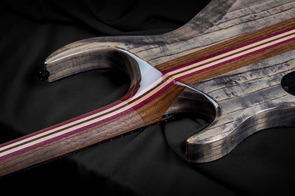 Kiesel Guitars K-Series Headless HK6 Neck Heel, swamp ash body, antique ash treatment, 7 piece walnut neck, black hardware