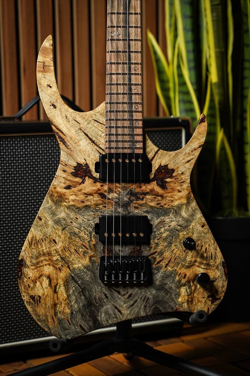 Kiesel Guitars Kyber 6 string with buckeye burl top, royal ebony fingerboard, black hardware, brushed black pickup covers, and gold pole pieces