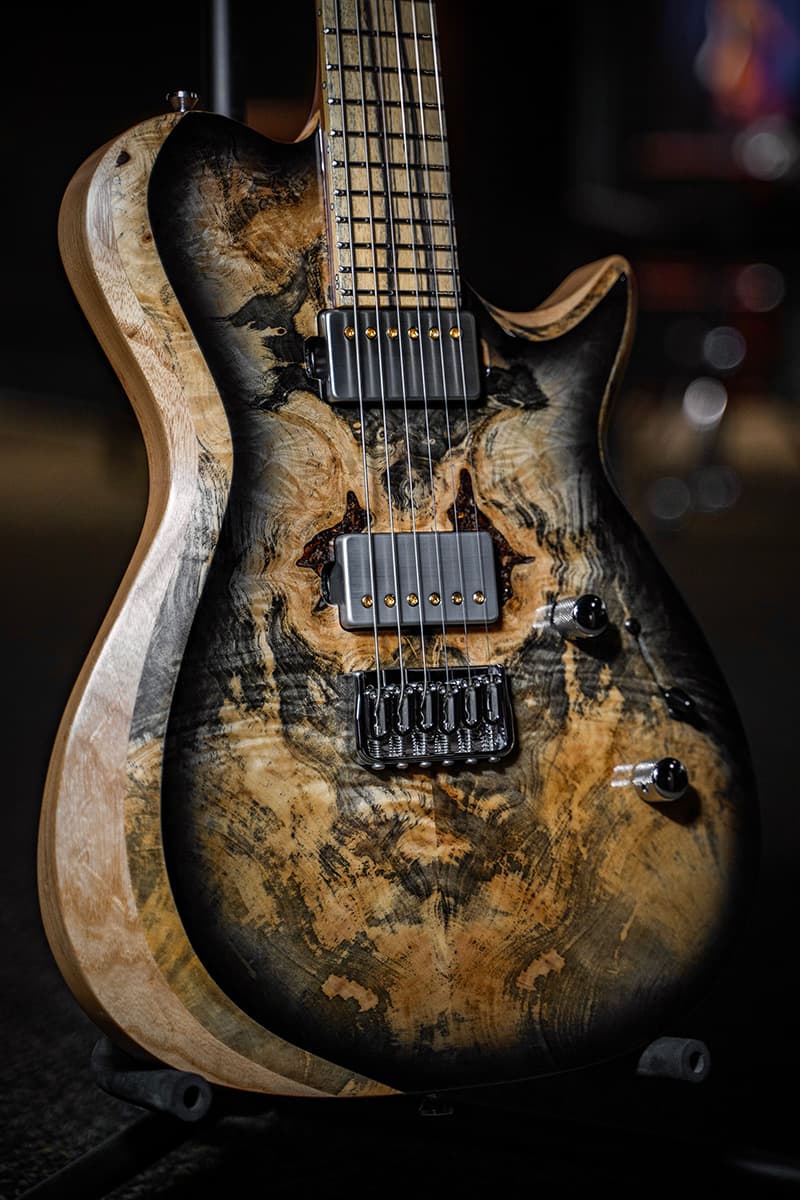 Kiesel Guitars SCB SCB6H with master grade buckeye top, chrome pickup covers, gold pole pieces, palemoon ebony fingerboard, no top inlays NIN, natural binding on bevel BBEB, black burst edges, swamp ash body, rear natural clear RNC, chrome hardware