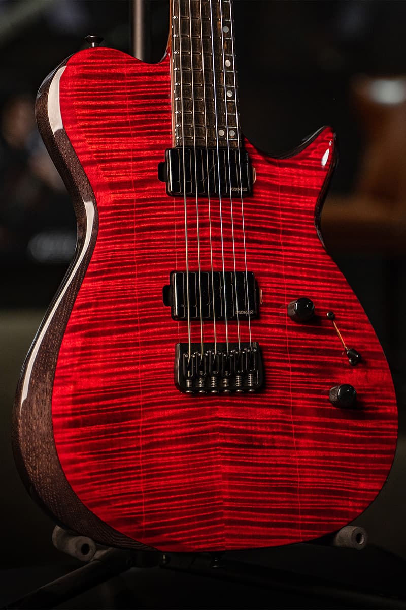 Kiesel Guitars SCB SCB6H with flamed maple top, translucent red finish, blacked out ash treatment, swamp ash body, rear natural clear RNC, black hardware, Fishman Fluence pickups, staggered offset mother of pearl dot inlays, ebony fingerboard