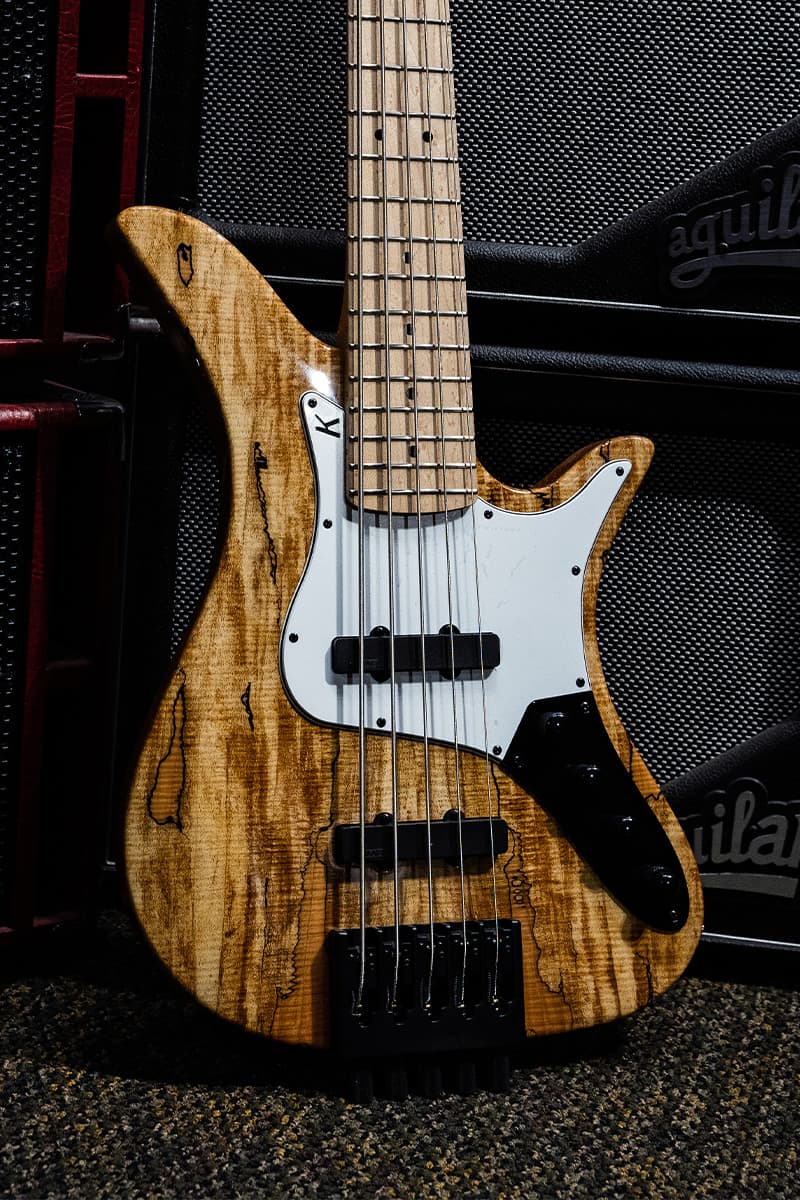 Kiesel Guitars Thanos Bass 5 String Bass With buckeye burl top, clear finish, white pickguard, black hardware, birdseye maple fingerboard, black acryclic dot inlays