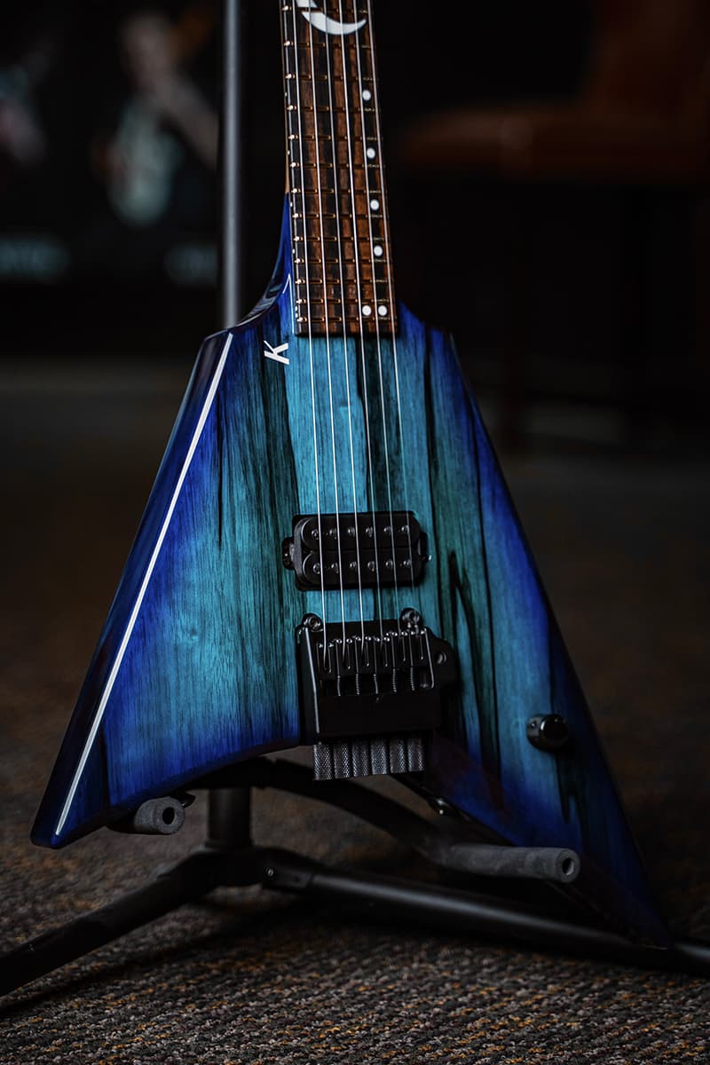 Kiesel Guitars Type-V TV6X tremolo with translucent aqua burst finish, black limba body, royal ebony fingerboard, white acrylic crescent moon with staggered offset dot inlays, white K logo, delete neck pickup NPD