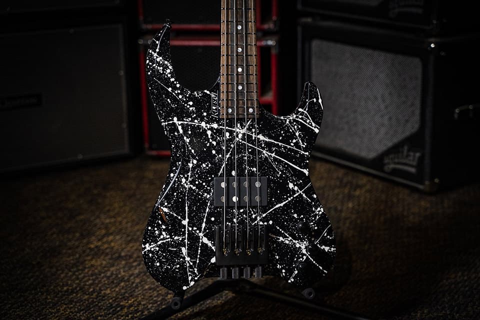 /Kiesel Guitars Vader Bass 4 String with jet black finish, white splatter finish, gloss top coat, ebony fingerboard, white acrylic dot inlays, HB2 pickup in sweet spot, dropshadow block over white logo