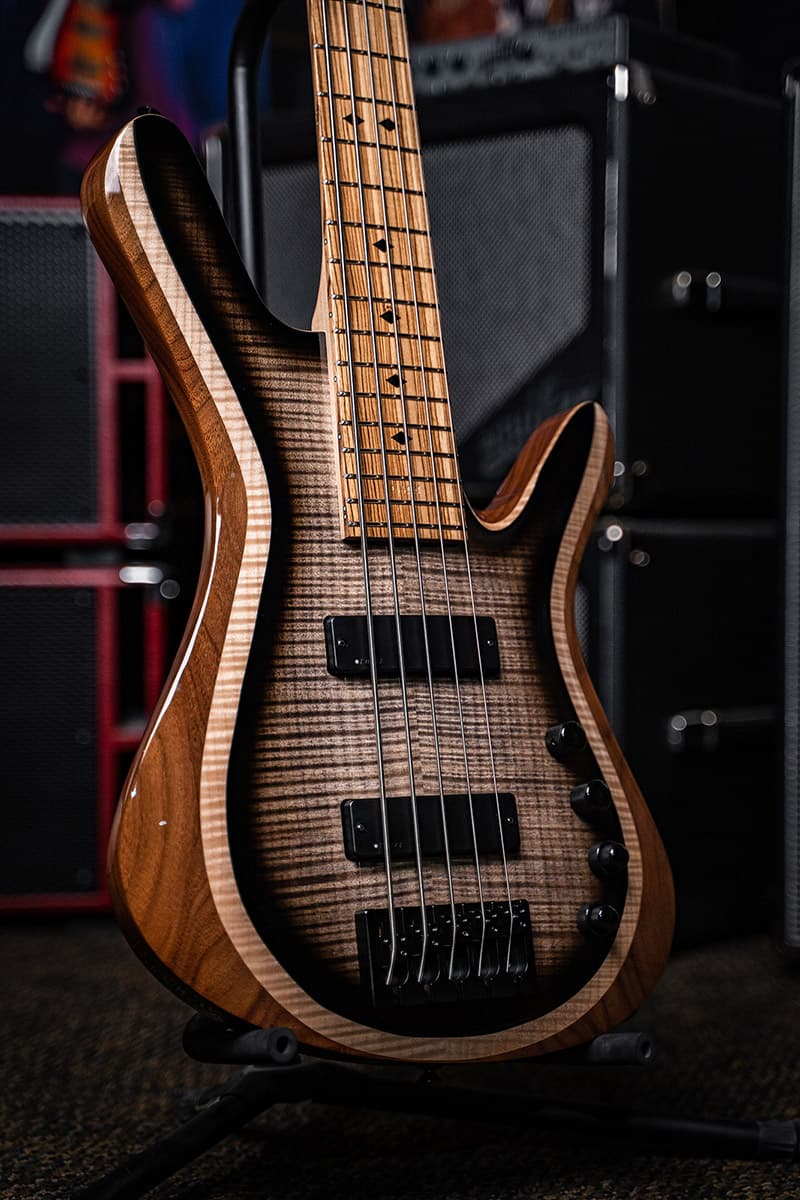 /Kiesel Guitars Vanquish Bass 5 string With flamed maple top, custom non-deep beveled body binding effect, black burst edges, walnut body, black acrylic diamond inlays, zebrawood fingerboard, rear of body natural clear RNC, black hardware