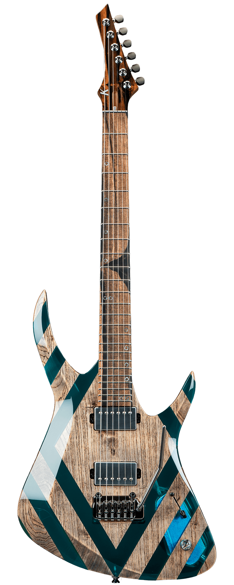 Kiesel custom electric guitar with an electric-blue to teal burst quilted maple finish