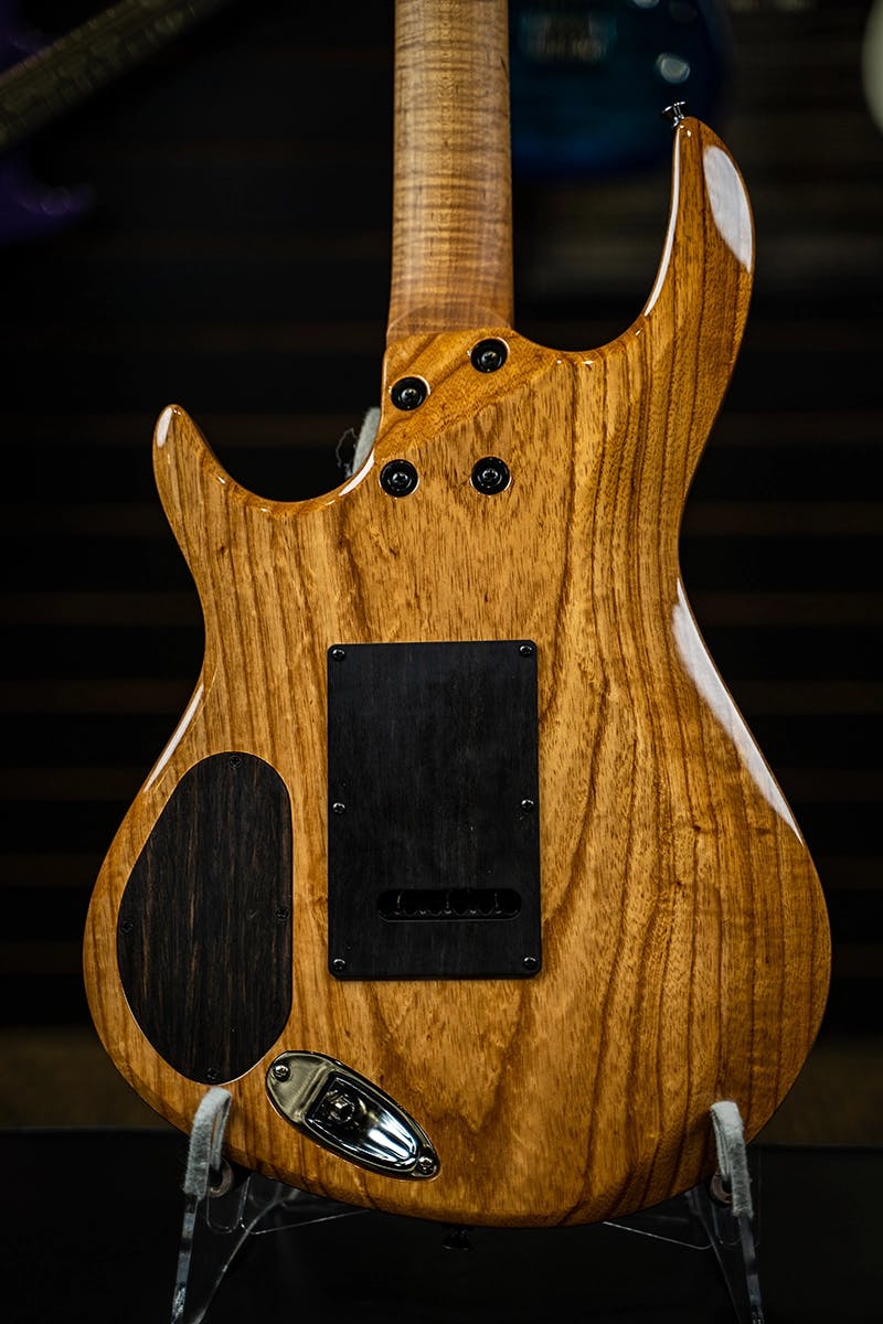 Kiesel Guitars Aries 2 A2 access output jack with black limba body, ebony control cover, ebony tremolo cover, chrome hardware, roasted flamed maple neck