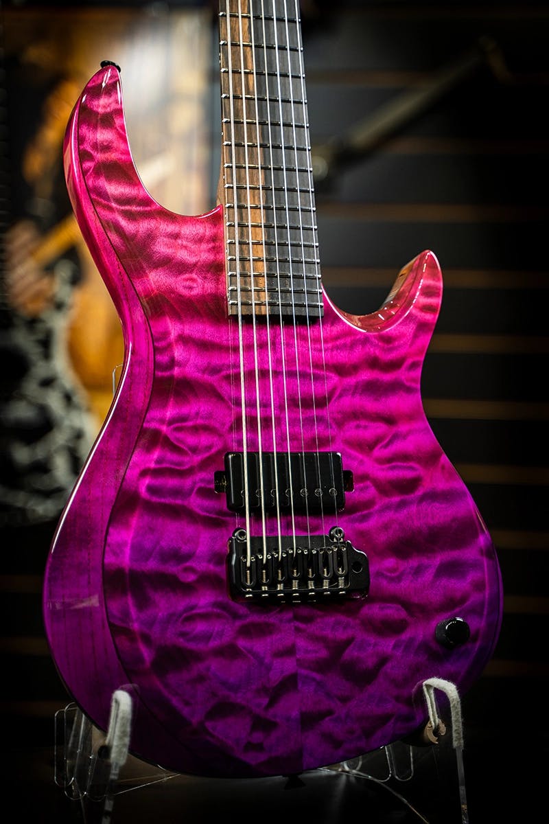 Kiesel Guitars Aries 2 A2 with purple to pink fade, quilted maple top, royal ebony fingerboard, neck pickup delete NPD, black pickup cover, black hardware, swamp ash body, no top inlays NIN