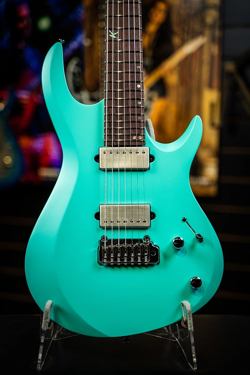 Kiesel Guitars Aries 2 A2 with tropic finish, rosewood fingerboard, abalone 12th fret k logo with staggered offset dot inlays, chrome pickup covers, chrome hardware