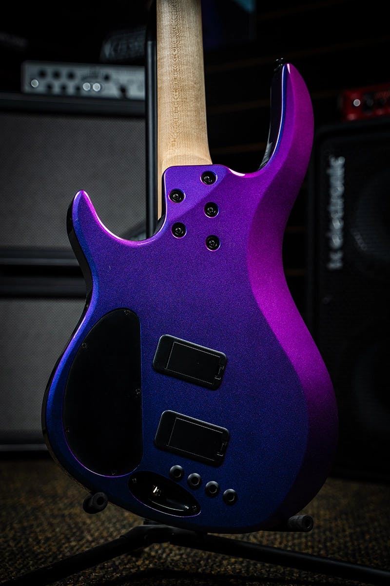 Kiesel Guitars Aries 2 A2 bass rear with color shift blue to purple finish, access output jack, maple neck