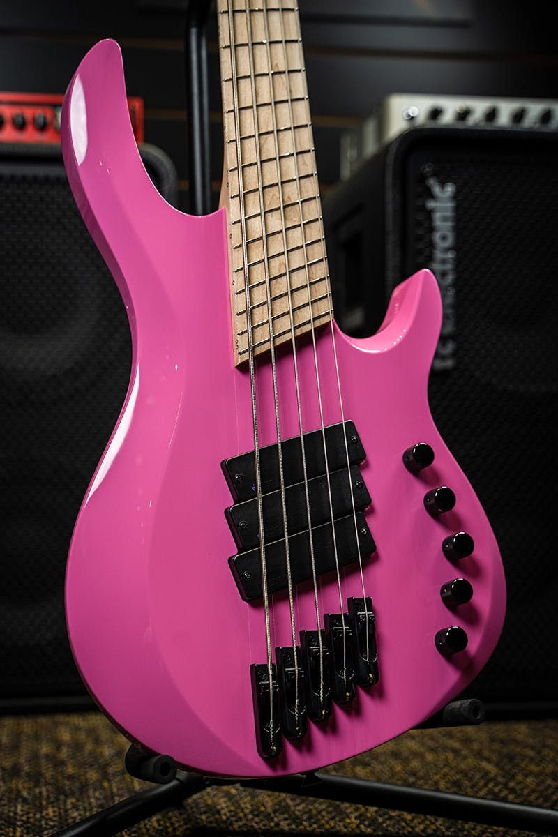 Kiesel Guitars Aries 2 A2 bass with pink finish, no top inlays NIN, maple fingerboard, 5 string multiscale, black hardware, triple tritrium humbuckers, dark glass preamp