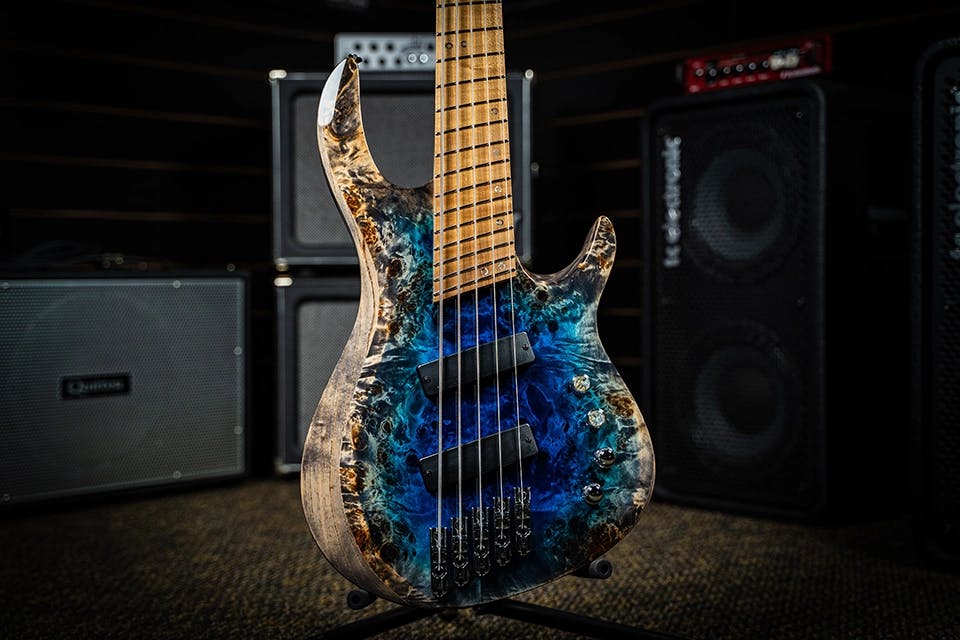 Kiesel Guitars Aries 2 A2 5 string Bass with reverse california burst, buckeye top, aqua burst finish, swamp ash body, antique ash treatment, roasted maple fingerboard, abalone staggered offset ring inlays, multiscale, abalone knob inlays, chrome hardware