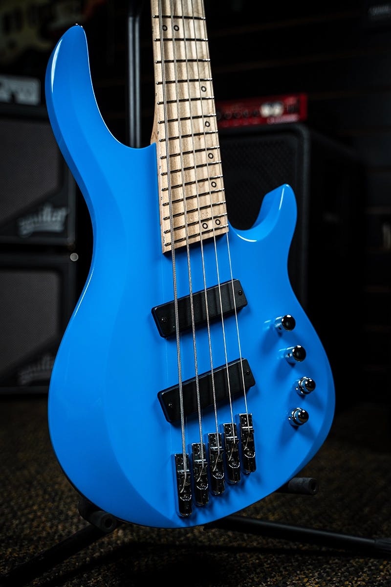 Kiesel Guitars Aries 2 A2 bass with sky blue finish, 5 string multiscale, chrome hardware, black acrylic staggered offset ring inlays, maple fingerboard