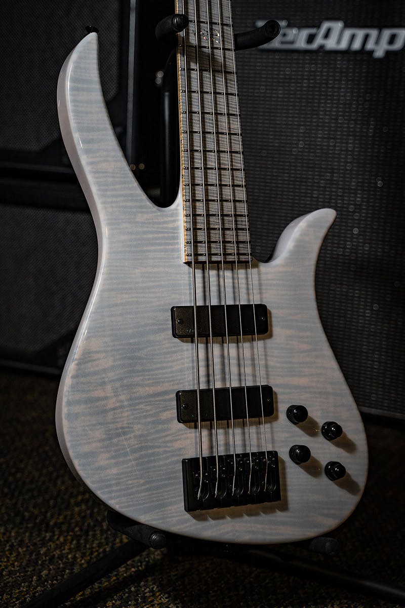 Kiesel Guitars Brian Bromberg Signature 4 string With translucent white finish, flamed maple top, black hardware, flamed maple fingerboard, kiesel treated fingerboard white, kiesel radium radiused single coils