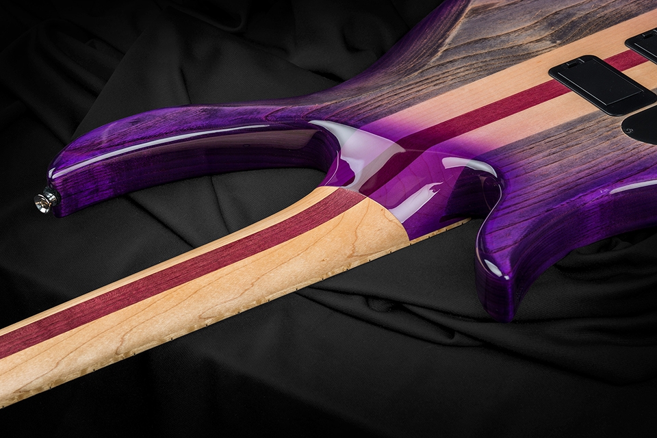 Kiesel Guitars Brian Bromberg Signature 5 String Neck Heel With 3 piece maple neck with 1 purple heart stripe, translucent purple california burst finish, swamp ash body, antique ash treatment