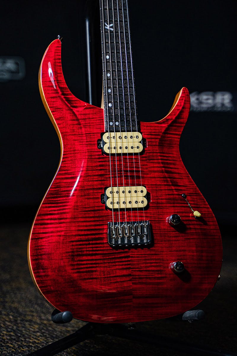 Kiesel Guitars Crescent CT6H with flamed maple top, translucent red finsh, cream pickup coils, chrome hardware, ebony (less color variation) fingerboard, mother of pearl 12th fret k logo with offset dot inlays IKD, rear of body natural clear