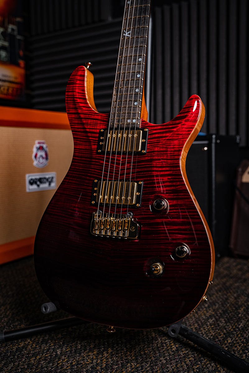 Kiesel Guitars CT6 tremolo CT6X with flamed maple top, custom red to black fade, gold hardware, gold pickup covers, gold pole pieces, black bezels, mother of pearl 12th fret k logo with staggered offset dot inlays, ebony fingerboard