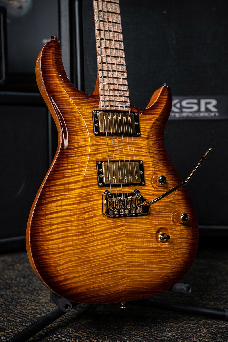 Kiesel Guitars CT6 tremolo CT6X with flamed maple top, honey burst finish, gold hardware, gold pickup covers, gold pole pieces, flamed maple fingerboard, mother of pearl 12th fret k logo with staggered offset dot inlays, rear natural clear RNC, natural body binding BBE