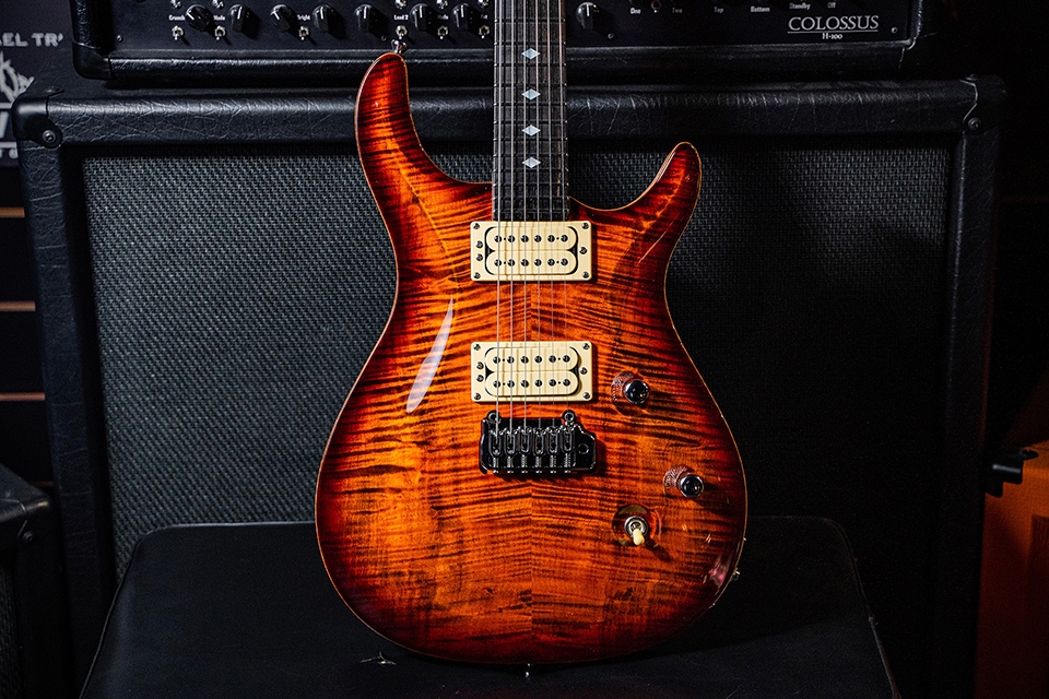 Kiesel Guitars CT6 tremolo CT6X with flamed maple top, orange burst finish, cream bezels, cream pickup coils, chrome hardware, mother of pearl diamond inlays, ebony fingerboard, natural body binding BBE