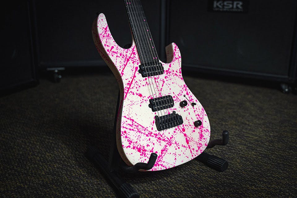 Kiesel Guitars DC700X tremolo with white/white finish and pink splatter, black hardware, pink acrylic staggered offset dot inlays, ebony fingerboard