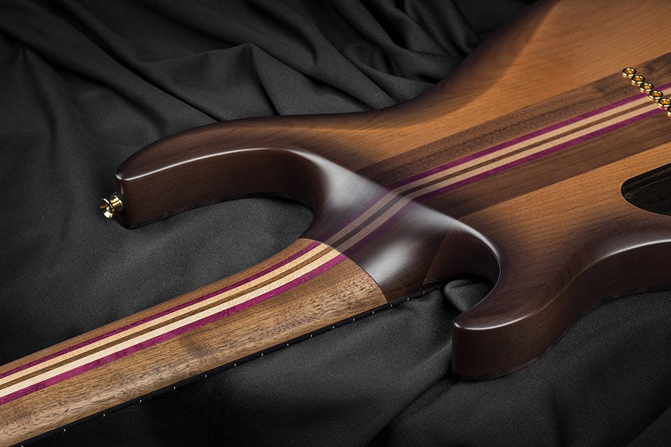 Kiesel Guitars DC DC800 Neck Heel, 7 piece walnut neck w/ purple heart, maple, walnut stripes, walnut body, gold hardware