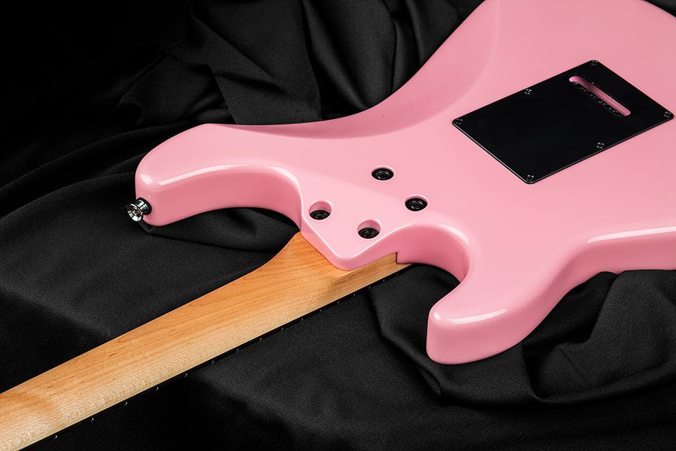 Kiesel Guitars Delos tremolo D6X neck heel with hot pink finish, maple neck, chrome hardware