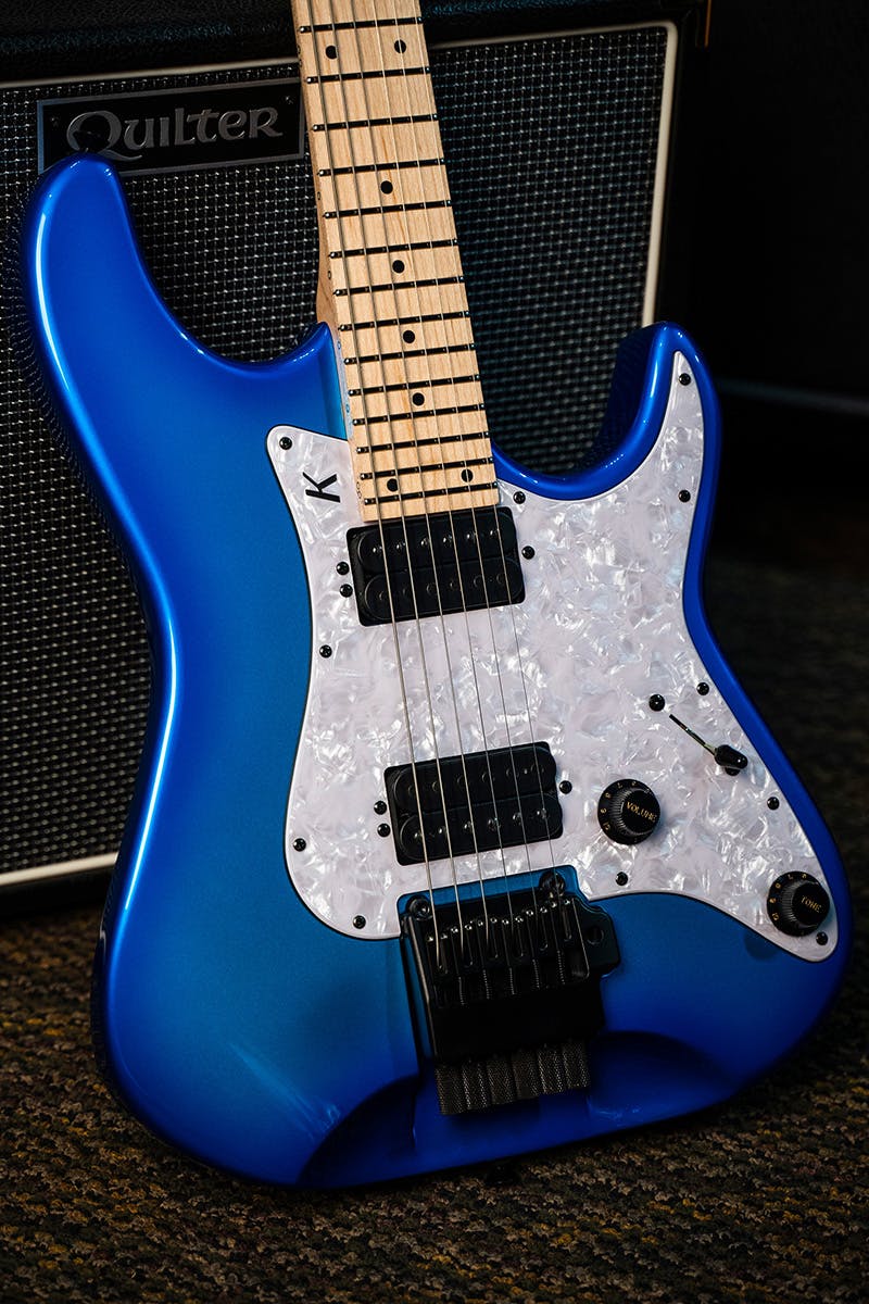 Kiesel Guitars delos headless tremolo HD6X with custom semi-chrome blue finish, white pearloid pickguard, black plastic knobs, maple fingerboard, black acrylic dot inlays, black pickup poles