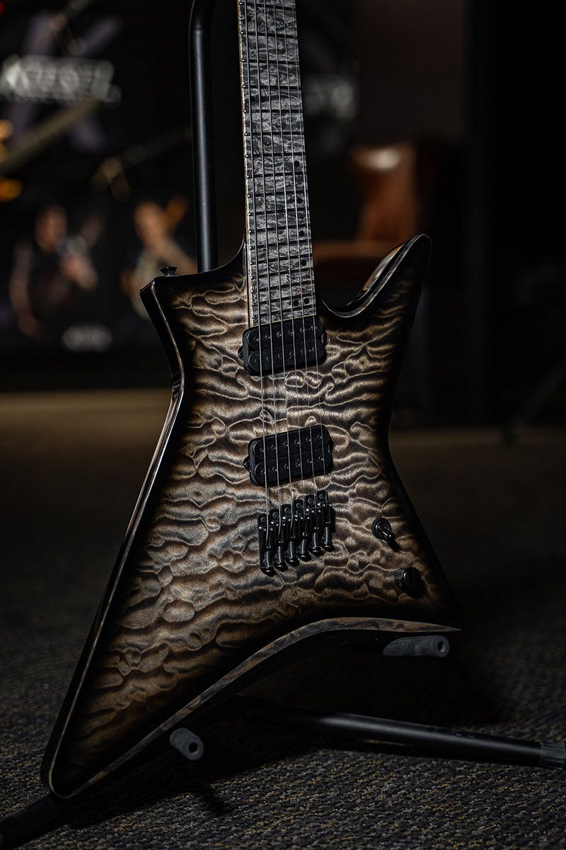 Kiesel Guitars Hyperdrive Multiscale HM6 with master grade quilted maple top, black burst edges, kiesel treated black fingerboard, black hardware, black acrylic staggered offset dot inlays