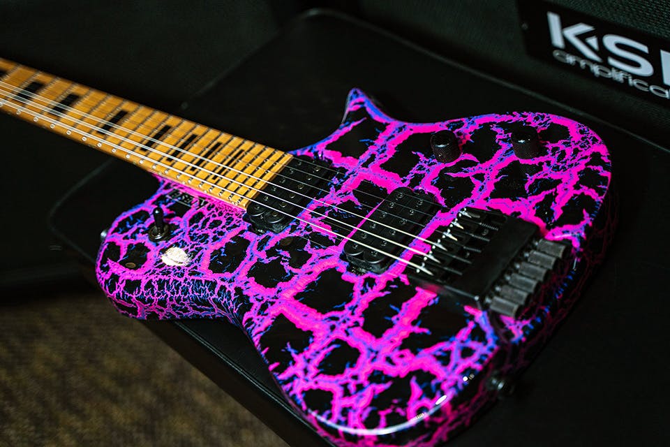 Kiesel Guitars Leia L6 with purple and blue crackle finish, maple fingerboard, black acrylic block inlays, black hardware