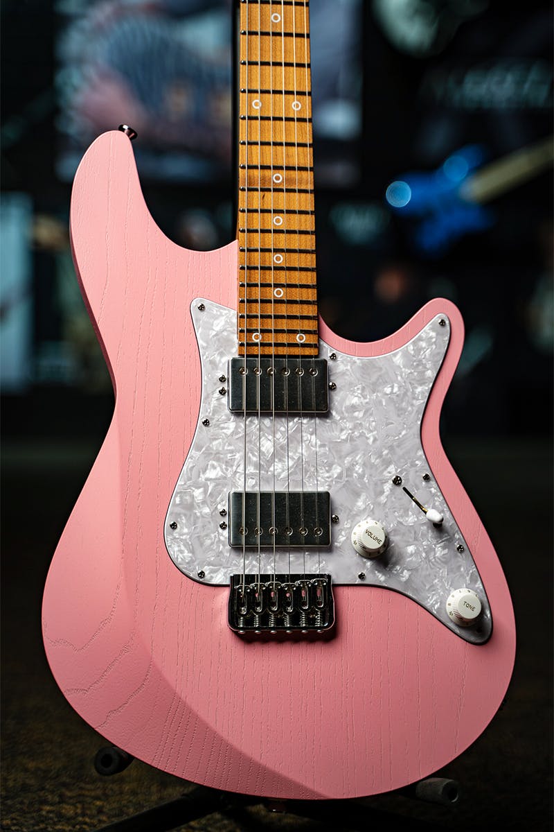 Kiesel Guitars Lyra With Hot Pink Finish, Raw Tone Top Coat, White Pearloid Pickguard, Silver Pickup Covers, White Acrylic Ring Inlays, Roasted Maple Fingerboard
