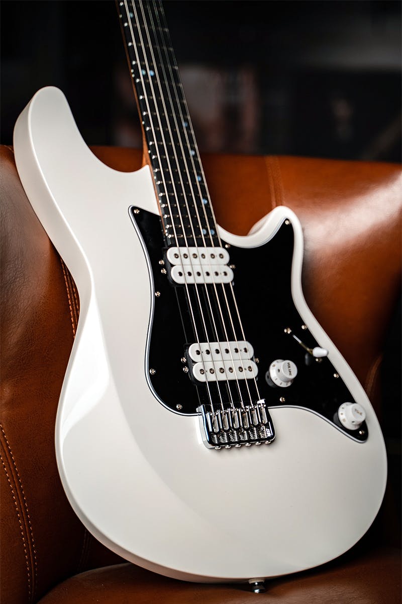 Kiesel Guitars Lyra With White/White Finish, Black Pickguard, White Pickup Coils, Mother Of Pearl Staggered Offset Dot Inlays, Ebony Fingerboard
