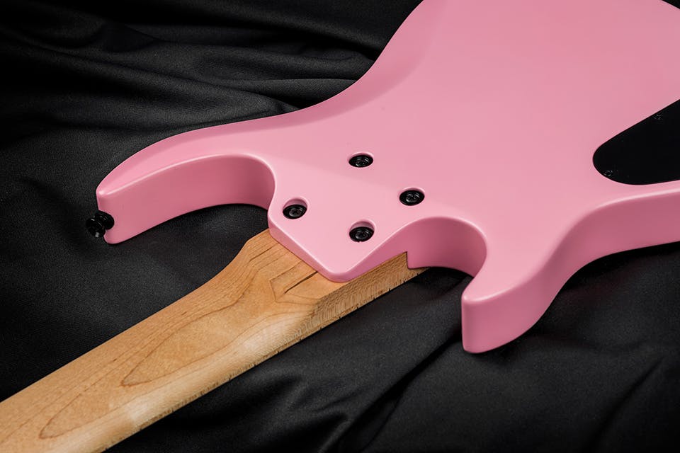 Kiesel Guitars Osiris O8 Neck Heel, alder body, hot pink finish, black hardware, maple neck